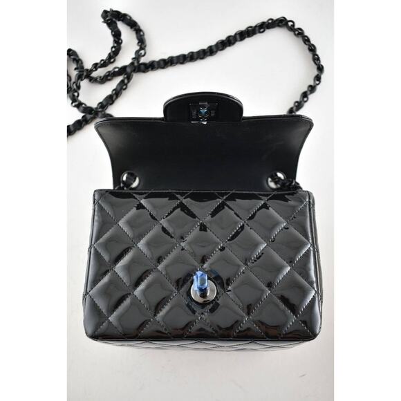 Chanel 21B So Black Patent Flap Mini Square CC Logo Quilted Chain Crossbody Bag - Picture 10 of 12